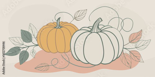 Elegant Autumnal Illustration of Pumpkins and Leaves in Muted Colors for Fall Decor