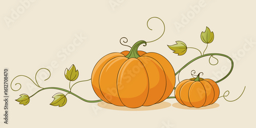 Two Pumpkins with Vines and Leaves Illustration for Autumn and Halloween Themes