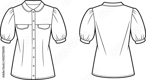 CAD drawing flat vector illustration of women’s short puff sleeve shirt with button front and flap pockets, fashion technical sketch