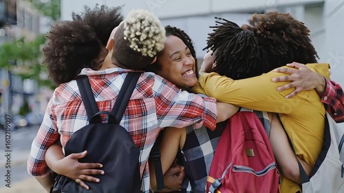 A diverse group of students walks together on a city street, showcasing friendship, education, and the vibrant energy of campus life, promoting unity and the spirit of learning
