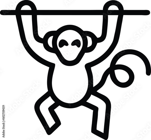 Black silhouette of a monkey swinging from a branch representing playfulness and jungle life.