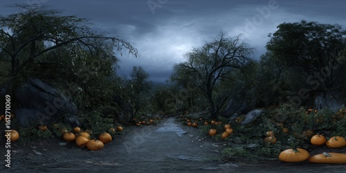 Haunting pumpkin patch enchanted forest hdr 360 degree panorama dark mood nature scene