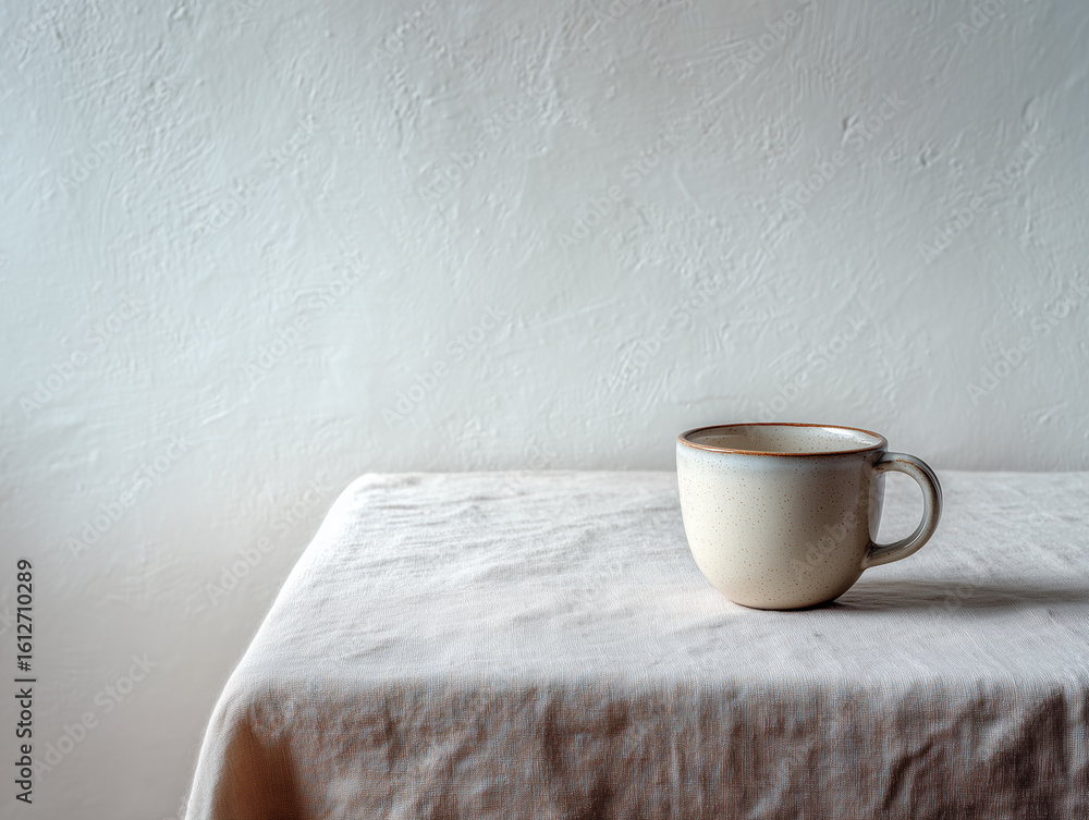 Obraz premium 미니멀한 테이블 위 도자기 머그잔과 고요한 공간