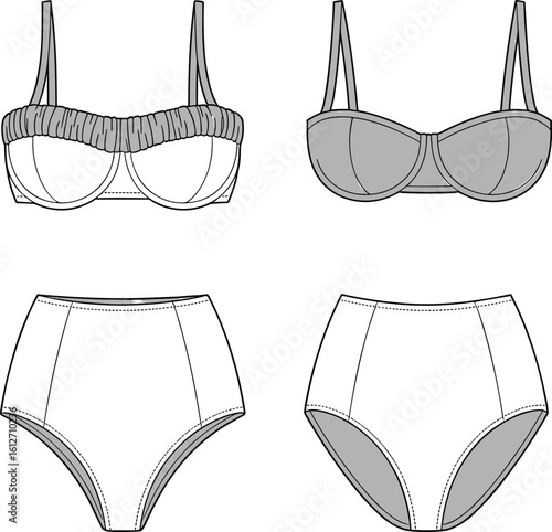 CAD drawing flat vector illustration of ruched bra and high waist panty lingerie set, front and back technical fashion sketch