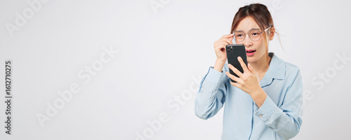 Vision and sight loss make phone screen blurred hard to read text message, woman with glasses, vision affected by problem in looking and bad focus. isolated studio white background
