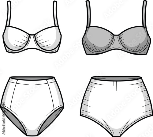 CAD drawing flat vector illustration of bra and panty front and back view, lingerie fashion sketch template, underwear design outline