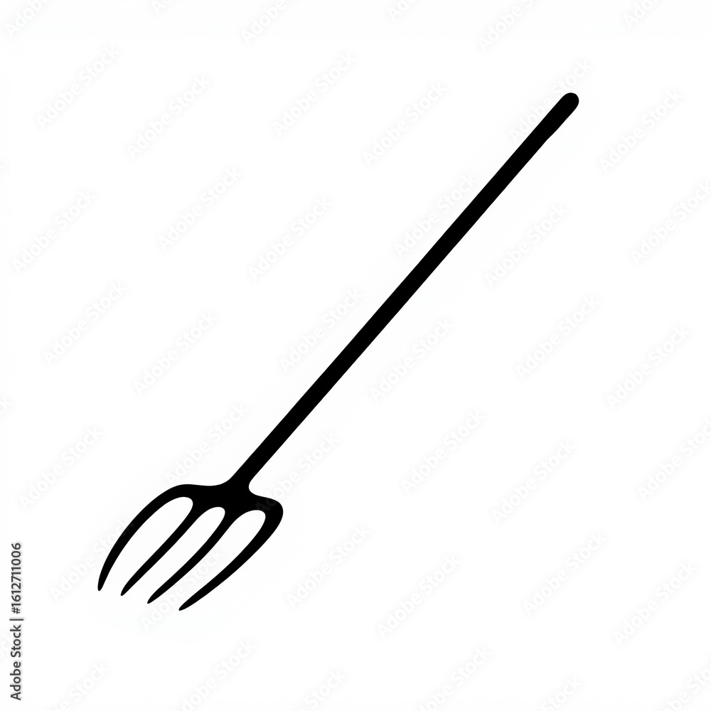 Naklejka premium A simple black silhouette of a pitchfork with three tines and a long handle on a white background