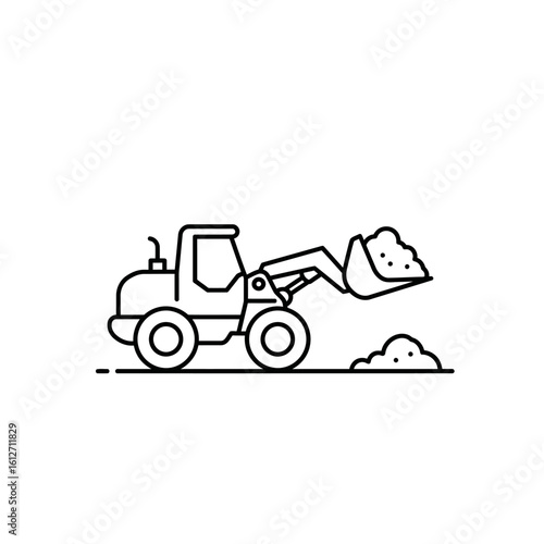 Line art illustration of a wheel loader moving a pile of earth or gravel, suitable for construction, engineering, or industrial projects needing a simple, clean design aesthetic.