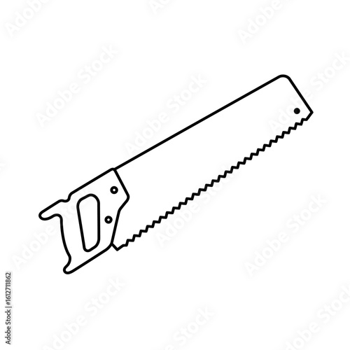 A black and white illustration depicts a hand saw, a carpentry tool used for cutting wood, showcasing its blade and handle against a plain white backdrop.