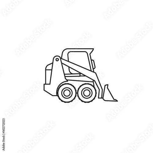 A clean, simple line art illustration of a compact skid-steer loader, perfect for depicting heavy machinery and construction equipment in a modern design context.