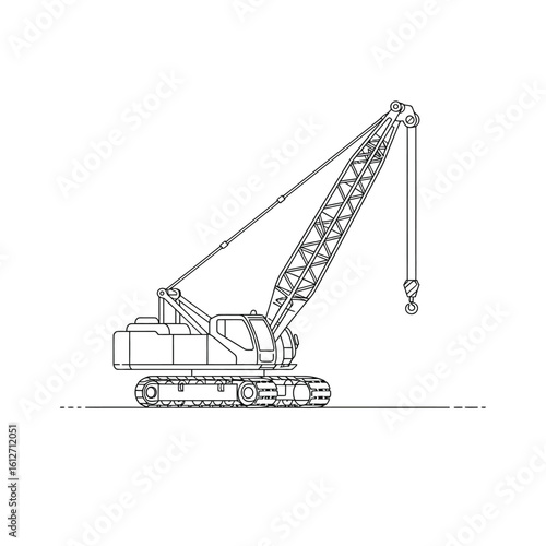 A detailed line drawing depicts a crawler crane, a heavy construction machine, ideal for lifting and moving substantial loads within a construction site or industrial setting.