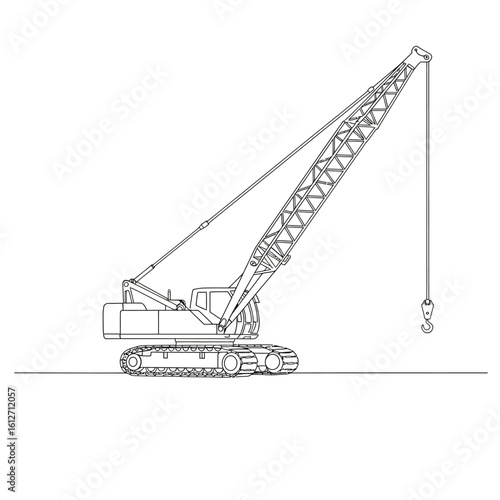 A minimalist line drawing showcases a crawler crane with its boom extended, poised for heavy lifting against a clean white backdrop, ideal for construction-themed designs.