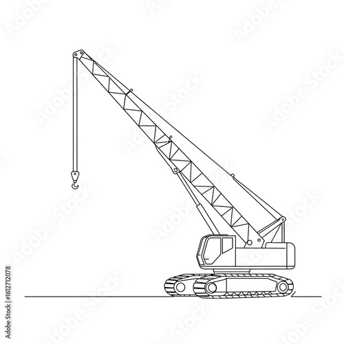 A clean line art illustration of a powerful crawler crane, depicting essential heavy machinery for construction and industrial lifting projects, isolated on white.