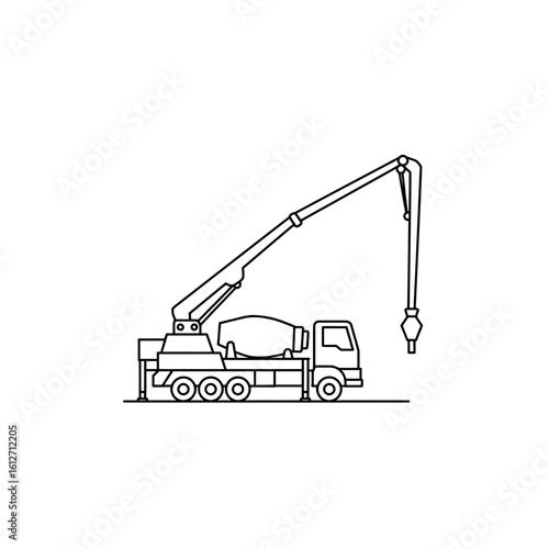 Line art illustration of a concrete mixer truck with a boom pump extending, ready for construction site pouring.