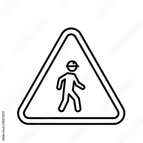 A simple, black and white hazard sign featuring a pedestrian icon within a triangular frame, warning of potential foot traffic.