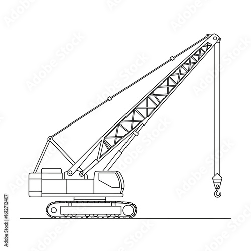 A black and white line drawing depicts a mobile crane with a lattice boom, showcasing heavy construction equipment in a simple, technical illustration style.