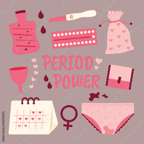 Vector Illustration set of showing feminine hygiene products, birth control, and a calendar, with the text "Period Power.".
