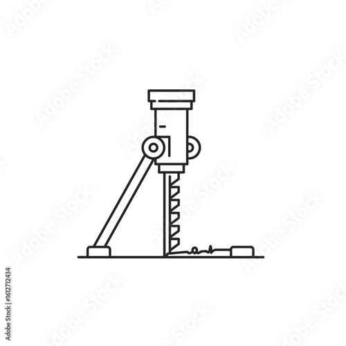 A sleek, minimalist line art icon depicts a modern drill press, symbolizing precision manufacturing and industrial machinery on a clean white background.