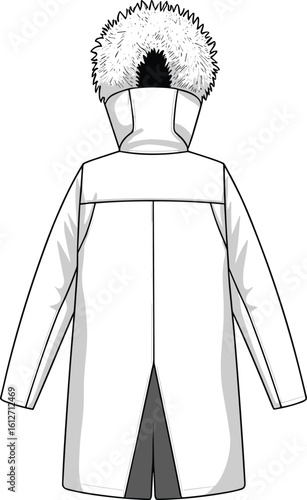 CAD drawing flat vector illustration of winter parka jacket back view with fur hood, long sleeve, fashion technical sketch
