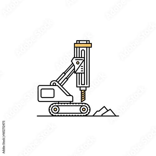 A tracked drilling rig is shown operating on a construction site, excavating the ground with its drill bit, a detailed line art illustration.