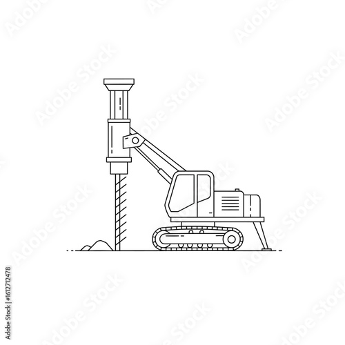 A modern line art illustration of a tracked drilling machine excavating the ground, symbolizing construction and heavy industry operations.