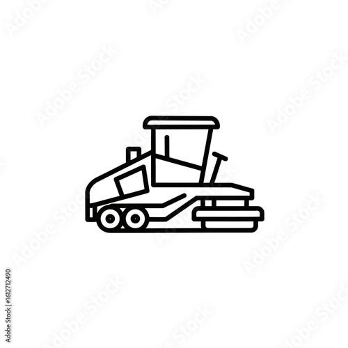 A minimalist line art illustration depicts a road milling machine, conveying concepts of construction, infrastructure, and industrial equipment for surface removal.
