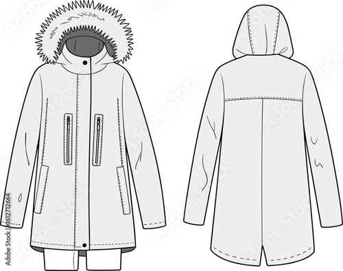 CAD drawing flat vector illustration of front and back winter parka coat with fur hood, zipper pockets, fashion sketch