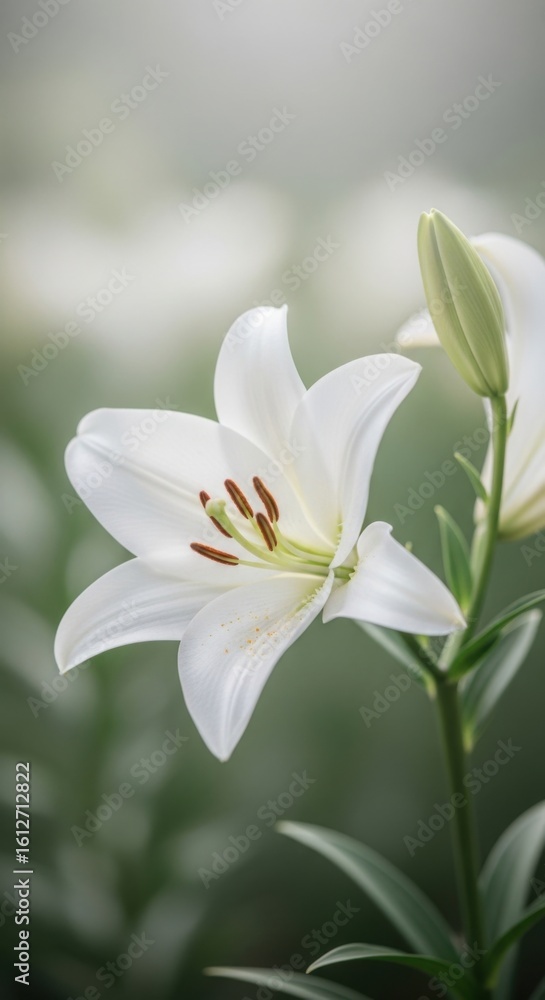 Fototapeta premium A Beautiful White Lily Blooms in a Garden
