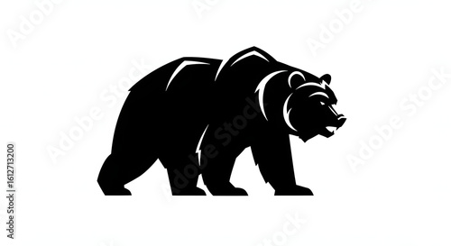 A stylized black silhouette of a powerful walking bear on a white background.