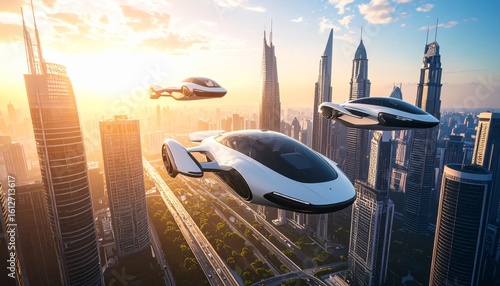 Sleek Autonomous Air Taxis Glide Above a Sun-Kissed Futuristic Metropolis