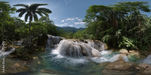 Majestic waterfall cascading in lush jungle hdr panorama 360 degrees nature view