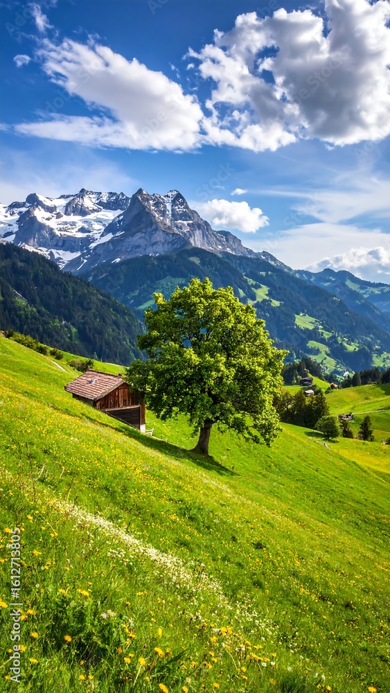 Fototapeta premium Alpine meadow scene under a vibrant sky
