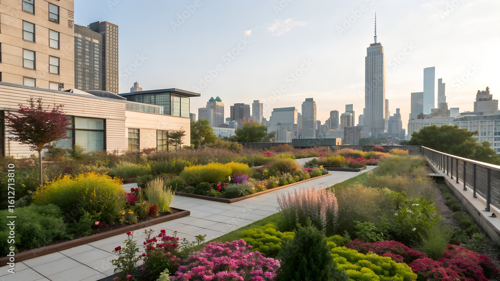 Fototapeta premium Urban rooftop garden oasis with city skyline views