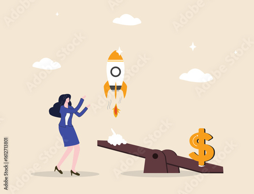 Financial growth, strategic investment, and business success drive the rise and recovery of a venture. A giant dollar coin drops onto a seesaw, propelling a businesswoman into the air like a rocket.