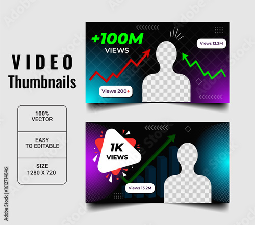 YouTube thumbnail design template. Grow your views or business profit. Creative and eye-catching thumbnails