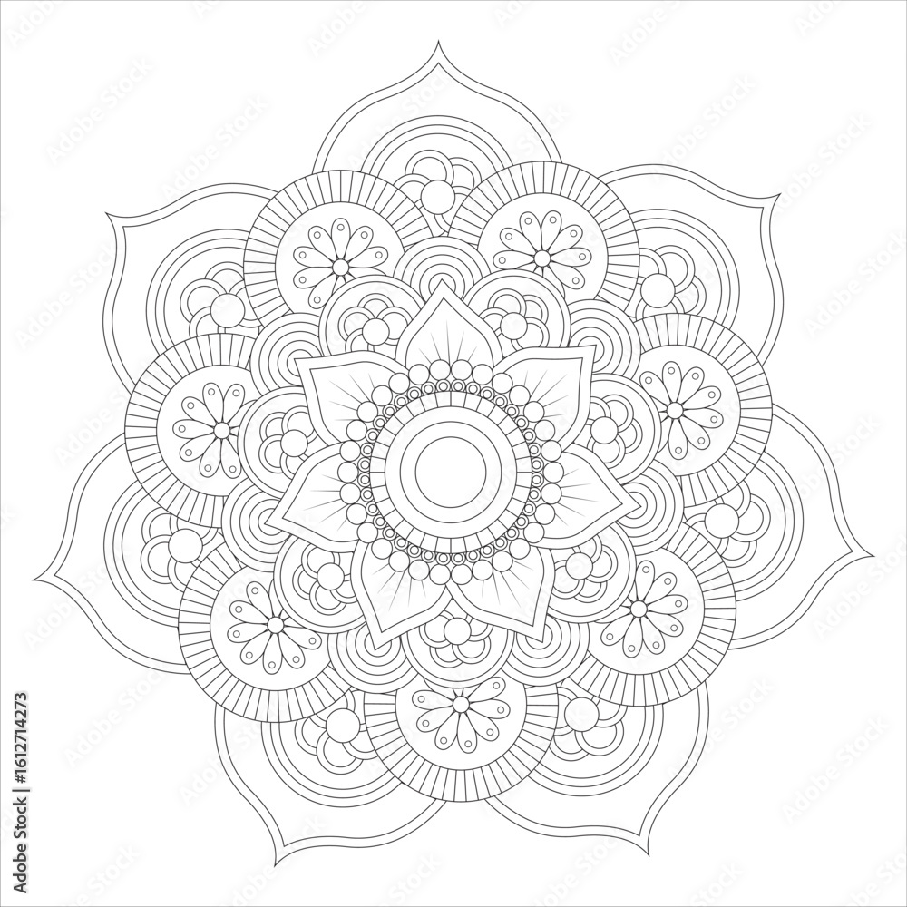 Fototapeta premium A detailed black and white mandala design featuring intricate floral patterns and symmetrical shapes, suitable for coloring or artistic projects.