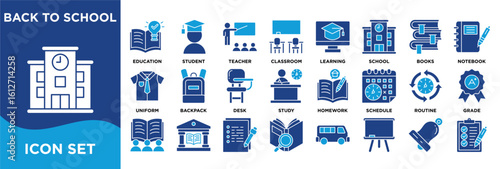 BACK TO SCHOOL icon collection set. Containing education,students,learning,classroom,school,books,notebook,uniform,supplies,backpack icon. dualtone vector.	

