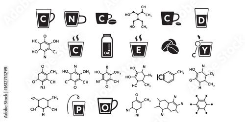 Assorted black and white icons featuring coffee cups molecules and chemical structures on a white background
