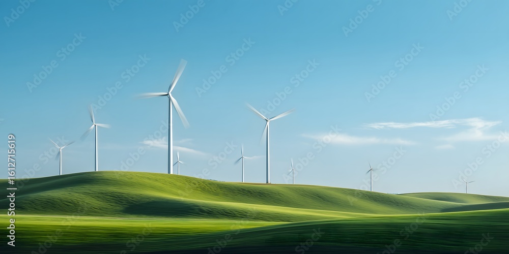 Fototapeta premium Wind Turbines On Rolling Green Hills Under Blue Sky Producing Clean Renewable Energy