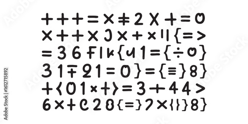 A white background with six rows of handwritten math symbols and characters in black ink