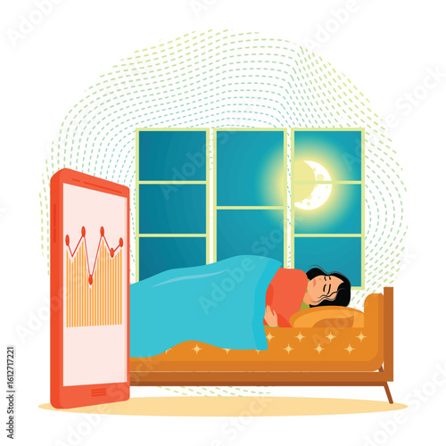Sleep Tracking. Woman Sleeping Peacefully With Sleep Tracking Application.