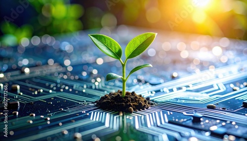 A small green plant sprouts from soil on a circuit board, symbolizing growth, technology, and environmental sustainability amidst digital innovation.