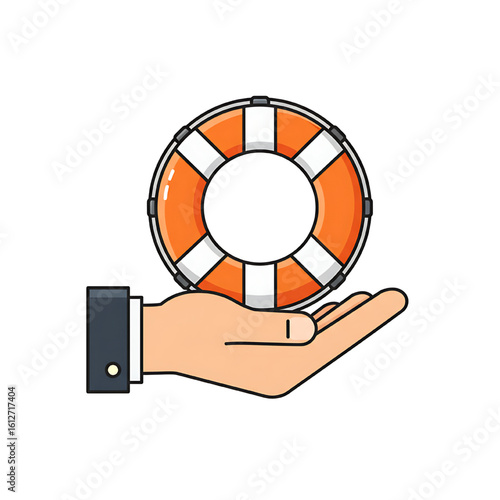 A helping hand offers a life preserver, symbolizing rescue, support, and safety.
