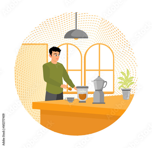 Grinding coffee beans. A man grinds coffee beans using a blender in the kitchen.