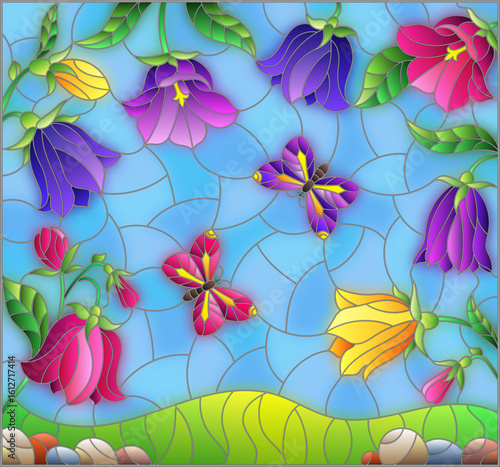 Illustration in the style of a stained glass window with flowers of bluebells and butterflies against the sky