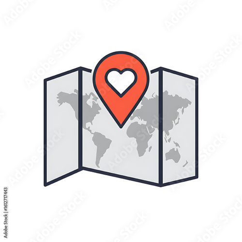 World map with heart-shaped location marker indicating a favorite place or travel destination.