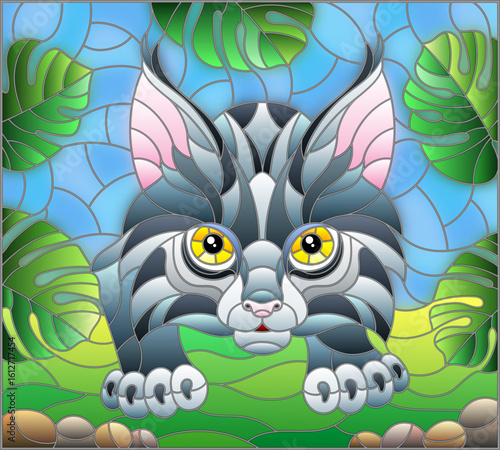 An illustration in stained glass style with baby lynx on the hunt, animal on the background of tropical leaves