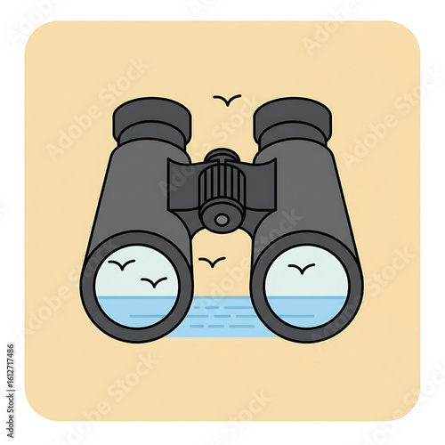 Binoculars view of a coastal scene with birds in flight.
