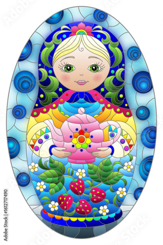Stained-glass illustration with a bright Russian doll on a blue background, oval image