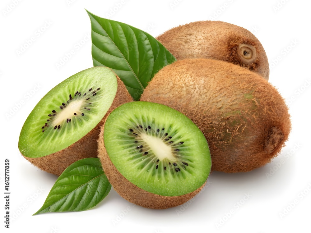 Fototapeta premium Fresh ripe kiwifruit with green leaves on white background